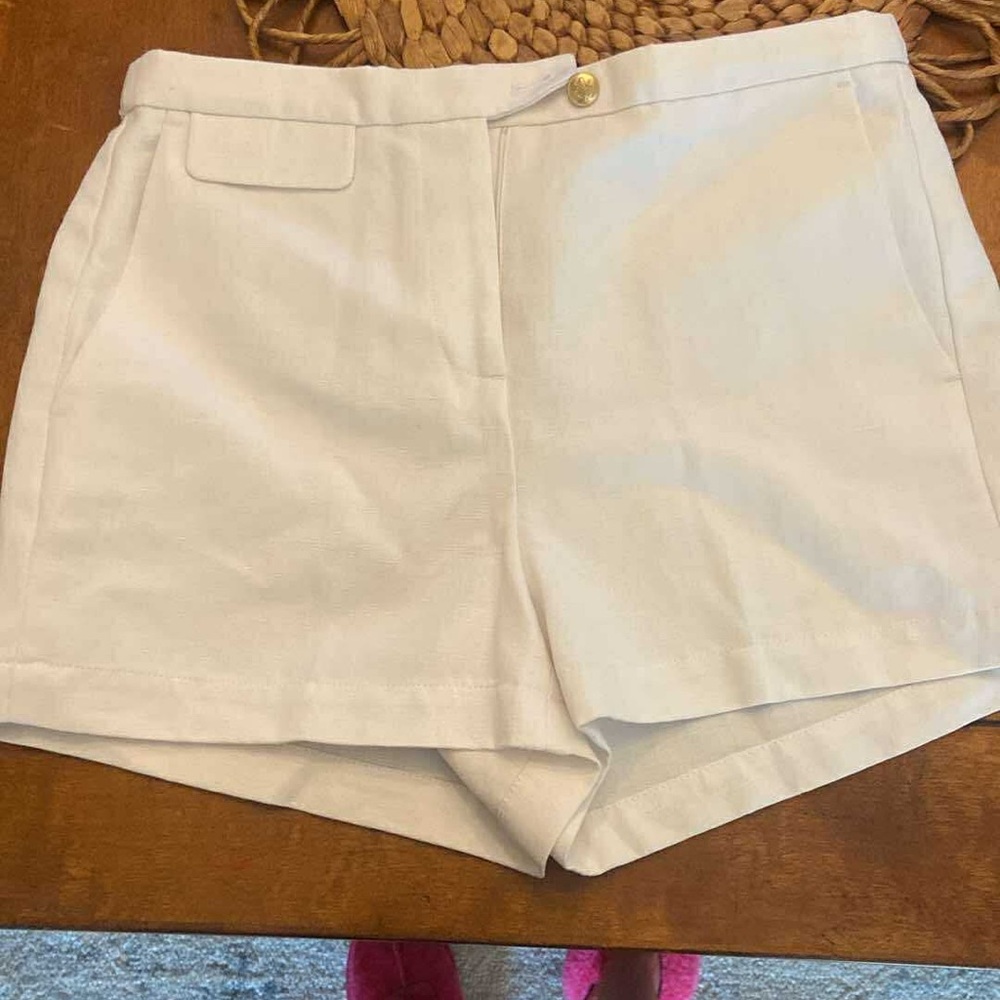 J. Crew High Waist White Linen Shorts, gold nautical embossed button